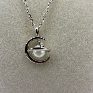 Elegant Silver Moon and Pearl Planet Pendant Necklace